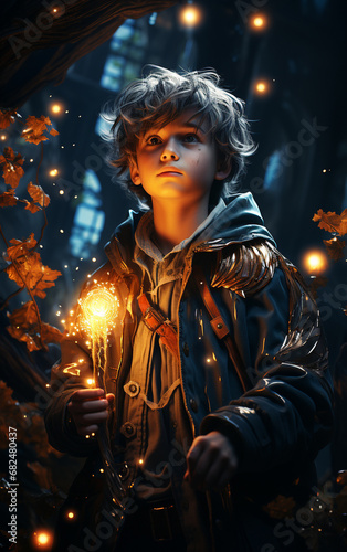 A young boy-wizard stands beside a magical tree.
