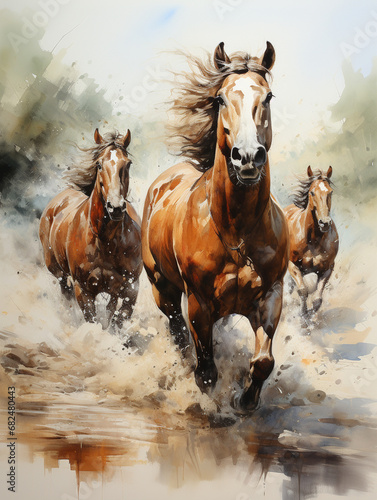 Watercolour abstract animal painting of brown horses running through a river. © Bhagi's DesignStudio