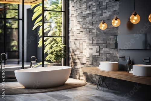 Interior of luxury bathroom with stone walls  tiled floor  comfortable white bathtub standing on wooden countertop.  