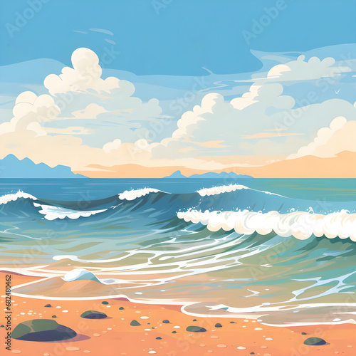 hello summer text with tropical beach vector illustration. simple modern summer theme design vertical template background. flat beach landscape summer background. © SandyHappy