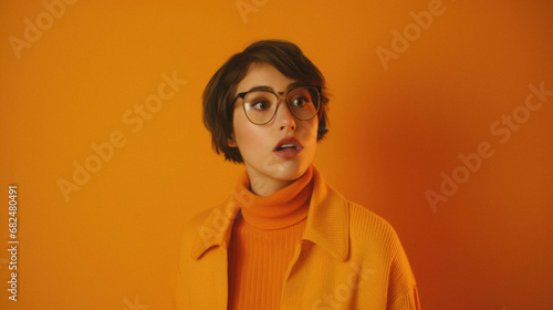 Portrait of attractive young woman in orange sweater and glasses looking at camera isolated on beige.
