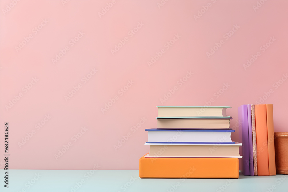 Books and Stationary on Pastel Background with Copy Space Books and Stationary on Pastel Background with Copy Space