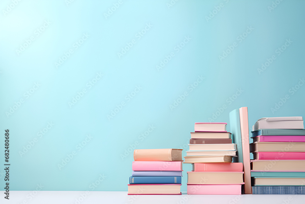 Books and Stationary on Pastel Background with Copy Space Books and Stationary on Pastel Background with Copy Space