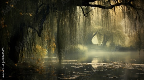 an elegant image of a lake surrounded by weeping willows