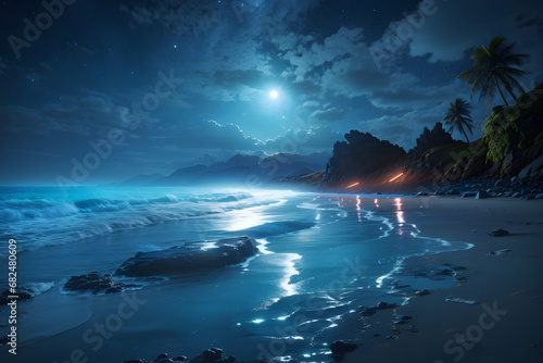 Beautiful 3D Sea View with Moon between Clouds in Anime Style