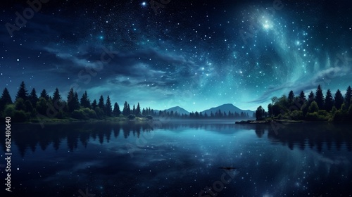 an elegant image of a glassy lake under a starry sky