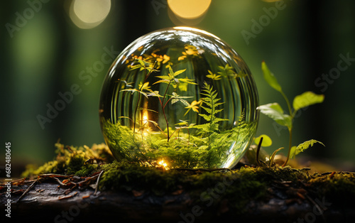  Glass globe encircled by verdant forest flora, symbolizing nature, environment, sustainability, ESG, and climate change awareness.