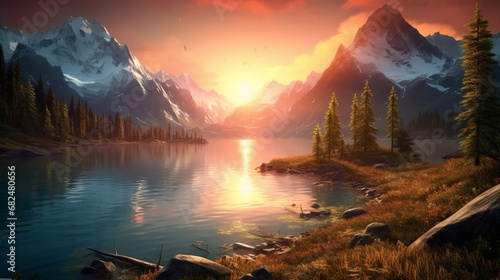 an elegant image of a pristine mountain lake at sunrise