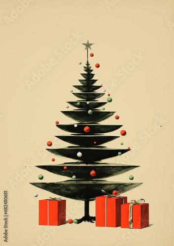 Retro minimallistic postcard of a christmas tree, decorated with colored balls and red gifts under on white background photo