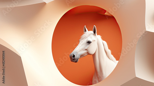 generated illustrationwhite horse looking through a circle hole from a wall .