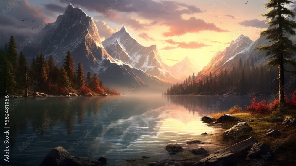 an elegant image of a pristine mountain lake at sunrise