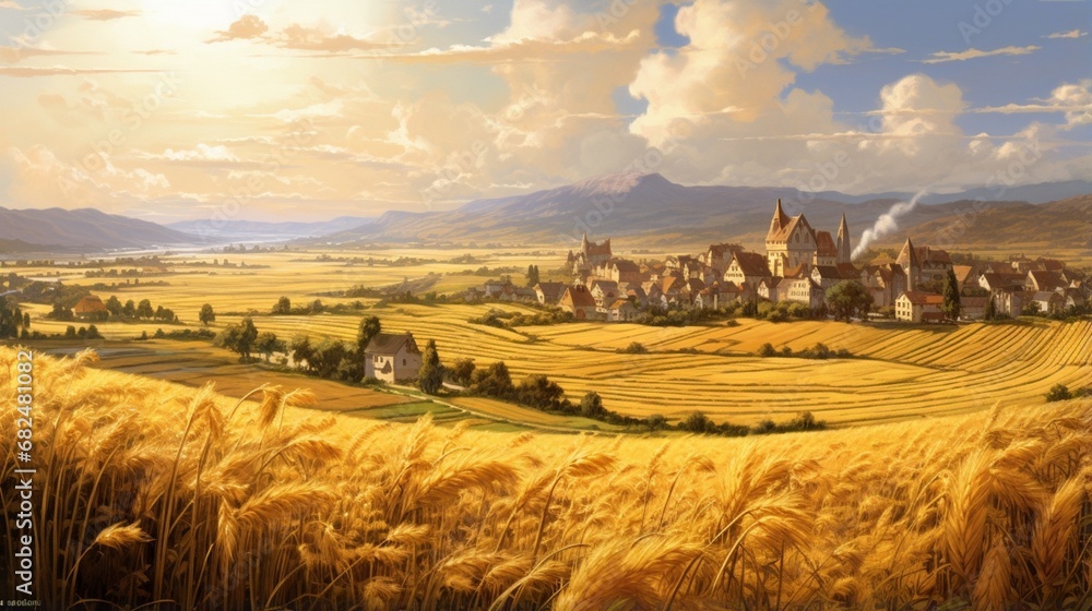 an elegant image of a farming village surrounded by golden wheat fields