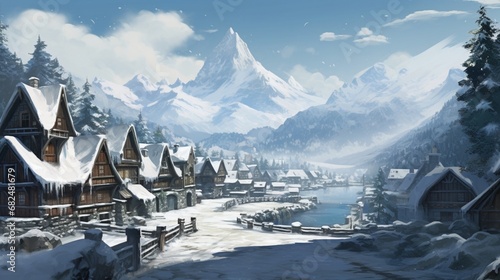 an elegant image of a mountain village with snowy winter scenes