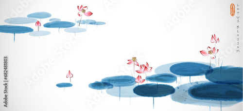 Photography Pink lotus flowers with blue leaves in a calm pond on white background