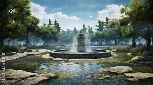 an elegant image of a lake with a stone fountain
