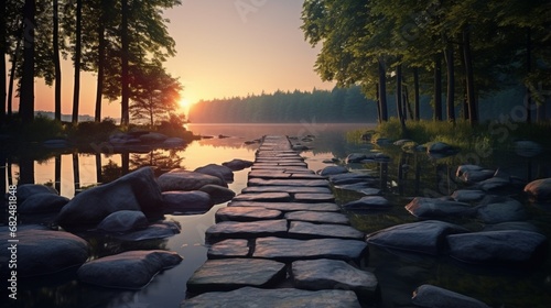 an elegant image of a lake with a stone pathway