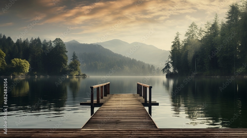 an elegant lakeside image featuring a wooden dock