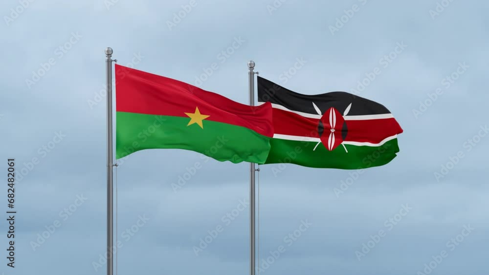 Kenya flag and Burkina Faso flag waving together on cloudy sky, endless seamless loop, two country relations concept Kenya flag and Burkina Faso flag waving together on cloudy sky, endless seamless loop, two country relations concept