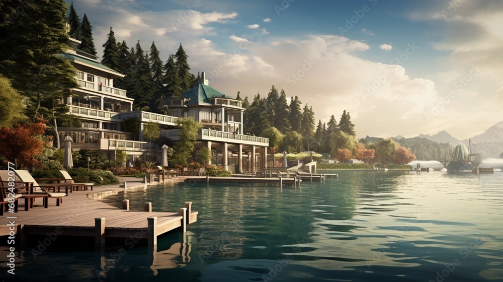 an elegant lakeside image featuring a lakeside resort