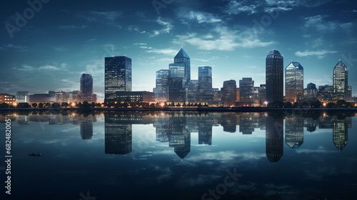 an elegant image of city lights reflecting on a calm river