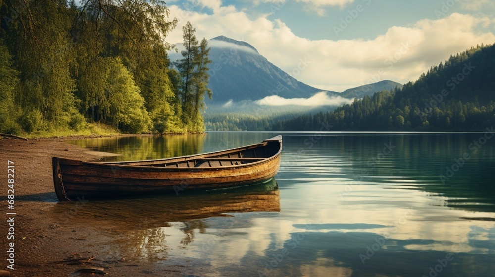 an elegant lakeside image featuring a wooden canoe on the shore