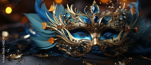 Wallpaper Mural Realistic luxury carnival mask with blue feathers. Abstract blurred background Torontodigital.ca