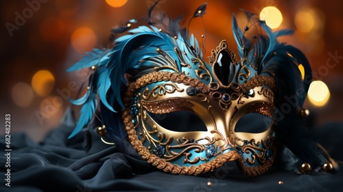 Realistic luxury carnival mask with blue feathers. Abstract blurred background