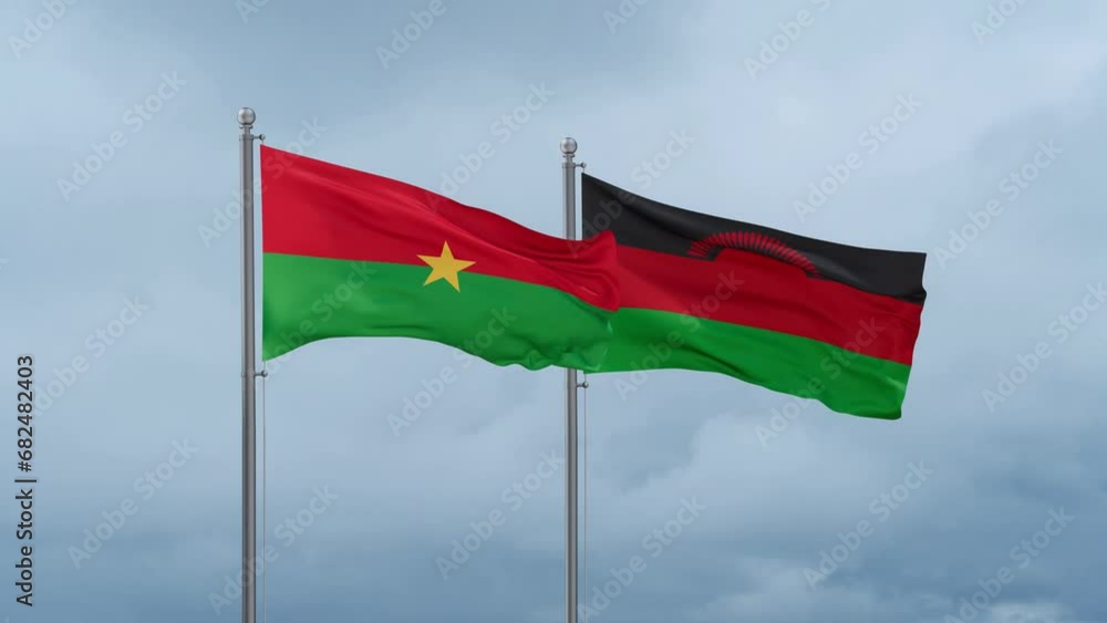 Malawi flag and Burkina Faso flag waving together on cloudy sky, endless seamless loop, two country relations concept Malawi flag and Burkina Faso flag waving together on cloudy sky, endless seamless loop, two country relations concept