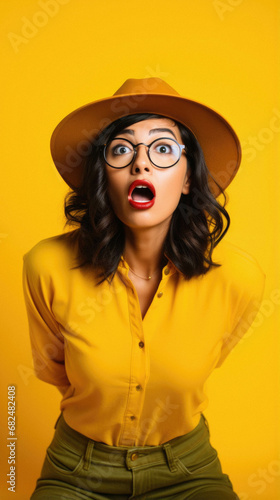 Shocked african american woman in glasses and hat looking at camera. © Synthetica