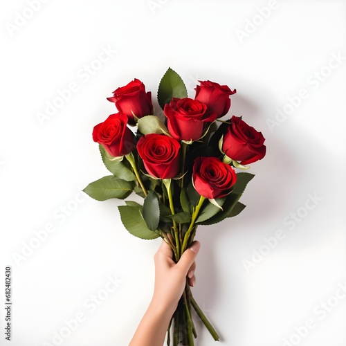woman hand wearing suite with red rose flower on white background. holidays card with copy space valentine day celebration concept. photo
