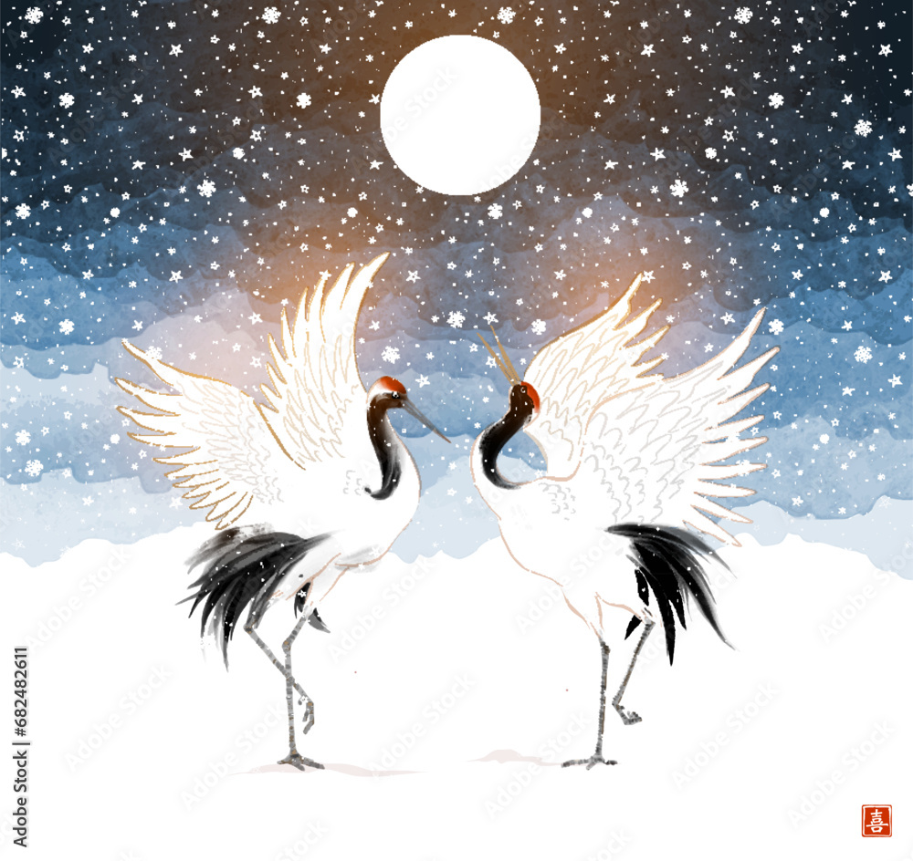Obraz premium Two dancing japanese red-crowned crane birds on blue forest background in the snow. Traditional Japanese ink wash painting sumi-e. Translation of hieroglyph - joy
