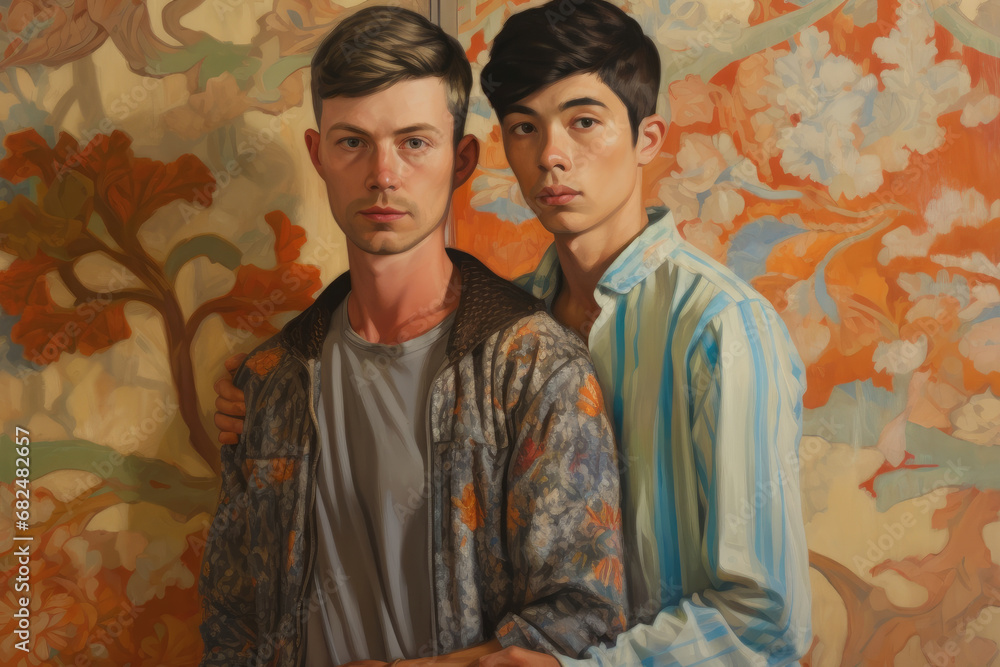 Fototapeta premium Embracing Authenticity: A Beautiful Portrait of a Same-Sex Couple Being True to Themselves, Celebrating Love, Connection, and Empowerment