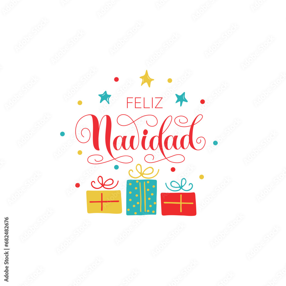 Feliz Navidad text meaning Merry Christmas in Spanish, hand drawn