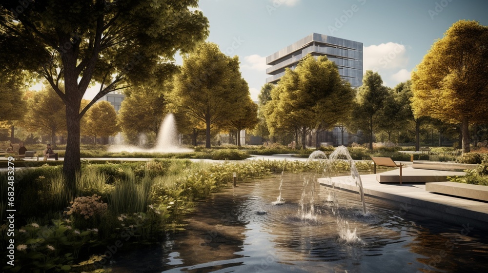 an elegant picture of a city park with a contemporary water feature