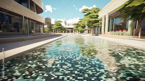 an elegant picture of an urban plaza with a modernist abstract water installation, interactive digital fountain, and a mosaic-tiled walkway