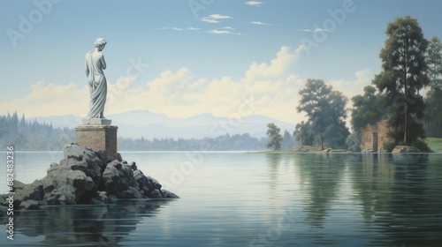 an elegant picture of a lake with a classical sculpture