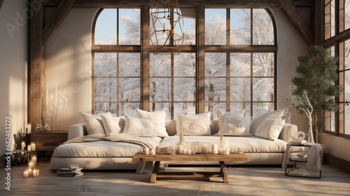 Modern living area with a white sofa and a wooden table surrounded by candles and a vase, overlooking the winter landscape through a panoramic window, concept: living room design in a large house