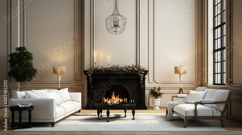 Elegant living room interior with classic fireplace, stylish armchairs and pendant lamp, luxurious furnishings with natural light from the window