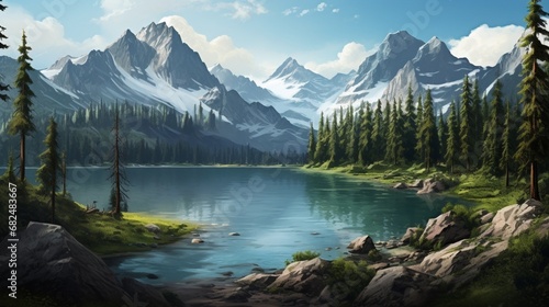 an elegant picture of a mountain lake surrounded by pine trees