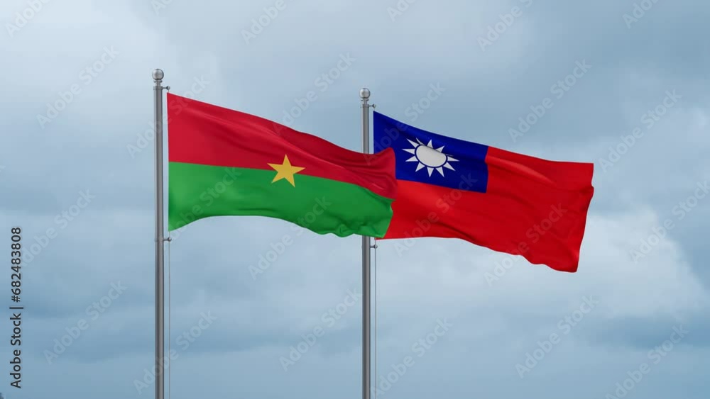 Taiwan and Burkina Faso flag waving together on cloudy sky, endless seamless loop, two country cooperation concept Taiwan and Burkina Faso flag waving together on cloudy sky, endless seamless loop, two country cooperation concept