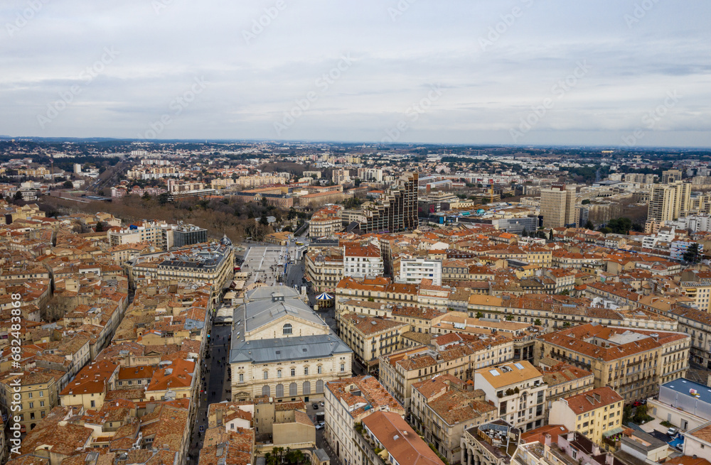 Aerial expanse of Montpellier’s historic cityscape and beyond.
