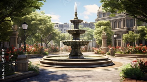 an elegant picture of an urban oasis with a tiered fountain