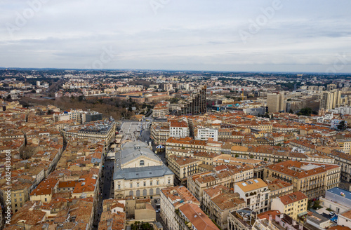 Aerial expanse of Montpellier’s historic cityscape and beyond.