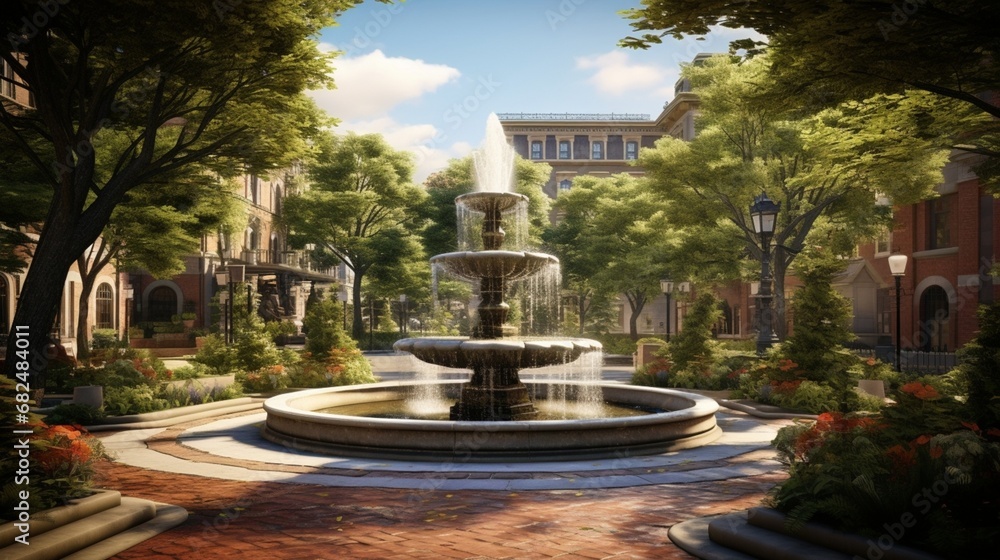 an elegant picture of an urban oasis with a tiered fountain