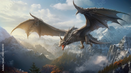 A majestic dragon soaring over an ancient mountain range