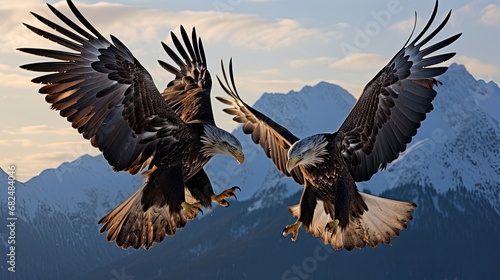 A pair of raptors engaged in an aerial courtship dance above a rugged mountain range