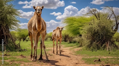 A pair of camels peacefully grazing in the lush oasis of an African savannah