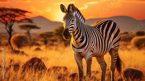 A zebra grazing in the golden light of the African savannah