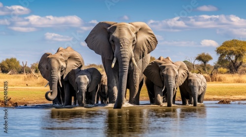 A family of elephants at a watering hole