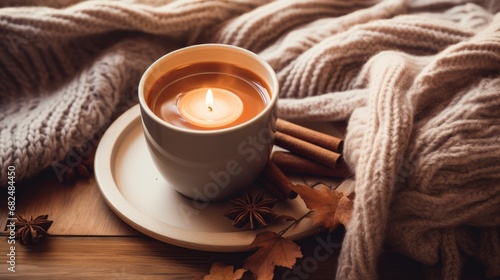 A cozy autumn scene capturing a cup of coffee and a candle placed on a rustic wooden serving tray, all resting atop a cozy bed adorned with a blanket photo